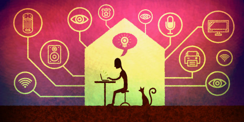 Person & cat inside home, surrounded by icons for “smart” tech, computers