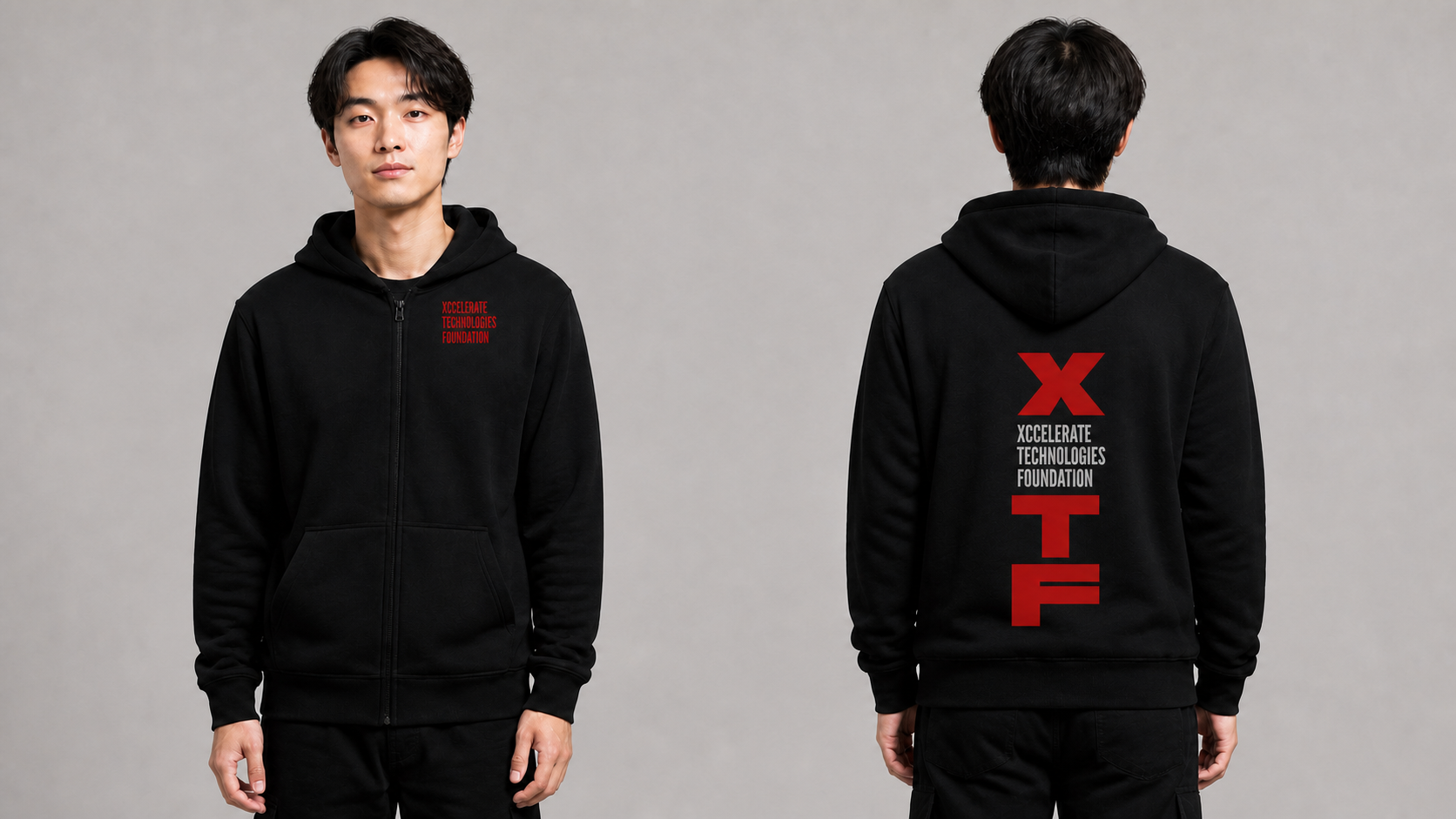 Asian student wearing a black XTF hoodie, shown from the front and back with a small chest name field and a complete vertical signature below the hood